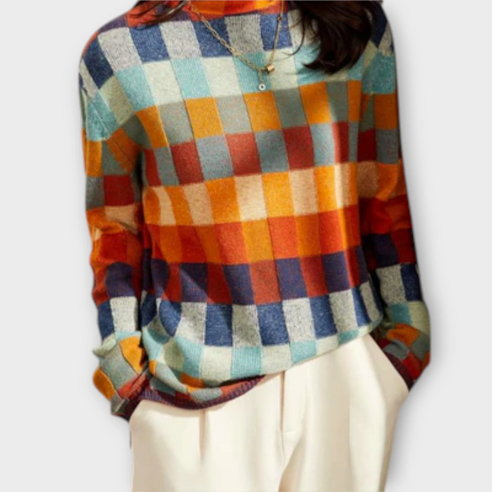 Erika - Sweter z Wysokim Kołnierzem Patchwork - Image 2